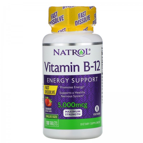 Natrol Витамин B12 быстрорастворимый максимальная эффективность клубника 5000 мкг 100 таблеток