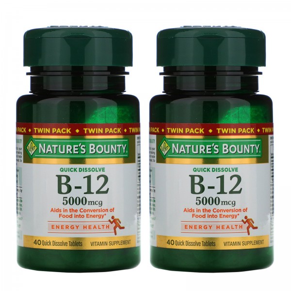 Nature's Bounty Витамин B12 5000 мкг Вишня 2 упаковки по 40 таблеток