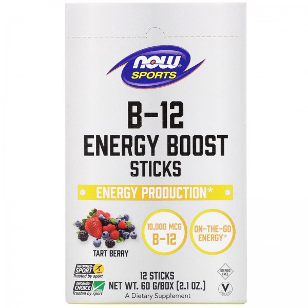 Now Foods Sports B-12 Energy Boost батончики ягодный вкус 10000мкг 12шт. 60г (21унции)