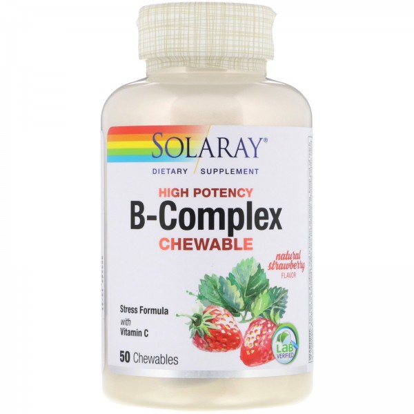 Solaray высокоэффективный комплекс витаминов группы B натуральный клубничный вкус 50жевательных таблеток