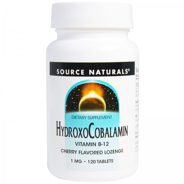 Source Naturals Гидроксокобаламин витаминB12 пастилки со вкусом вишни 1мг 120таблеток