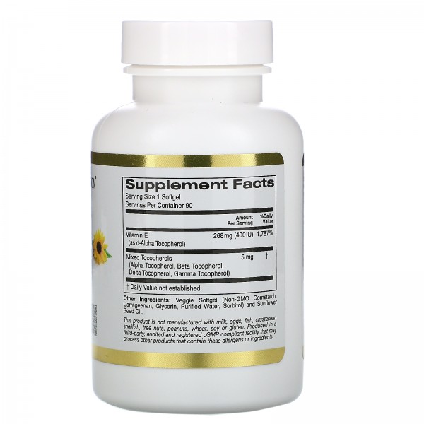 California Gold Nutrition ВитаминE из подсолнечника со смешанными токоферолами 400 МЕ 90 растительных мягких таблеток