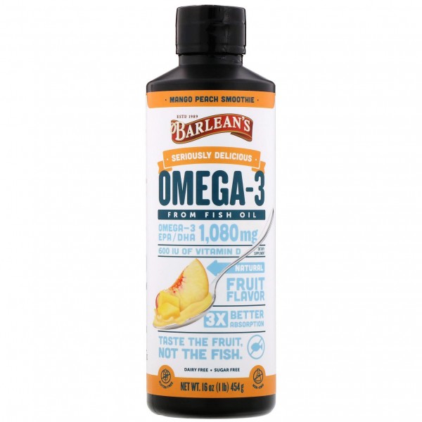 Barlean's Омега-3 из рыбьего жира 1080 мг Манго-персиковый смузи 454 г