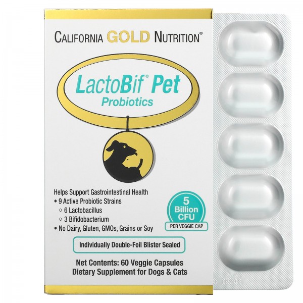 California Gold Nutrition Пробиотики LactoBif Pet 5 млрд КОЕ 60 растительных капсул