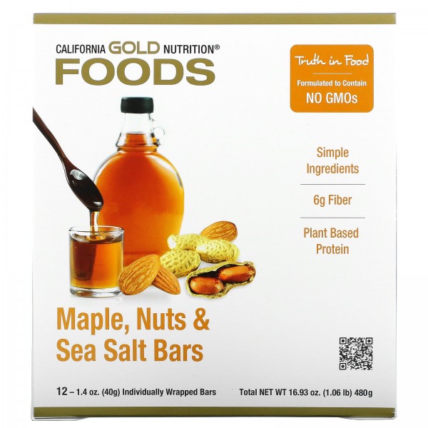 California Gold Nutrition Батончики с кленовым сиропом, орехами и морской солью 12 шт по 40 г