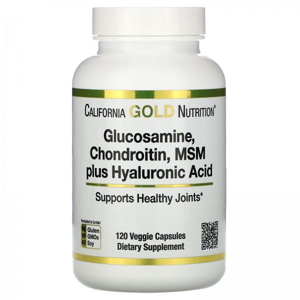 California Gold Nutrition Глюкозамин хондроитин и МСМ с гиалуроновой кислотой 120растительных капсул