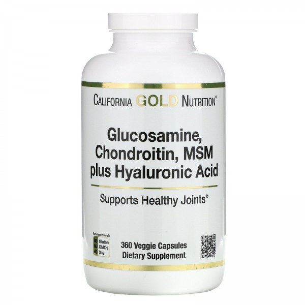 California Gold Nutrition Глюкозамин хондроитин и МСМ с гиалуроновой кислотой 360растительных капсул