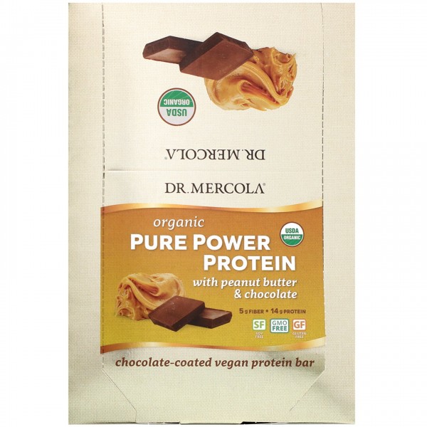 Dr. Mercola Органический протеиновый батончик Pure Power Арахисовое масло-шоколад 12 батончиков по 52 г