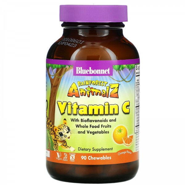 Bluebonnet Nutrition Super Earth Rainforest Animalz витамин С Апельсин 90 жевательных таблеток