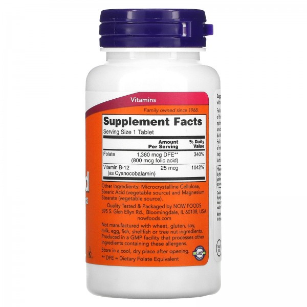 Now Foods Фолиевая кислота с витамином B12 800 мкг 250 таблеток