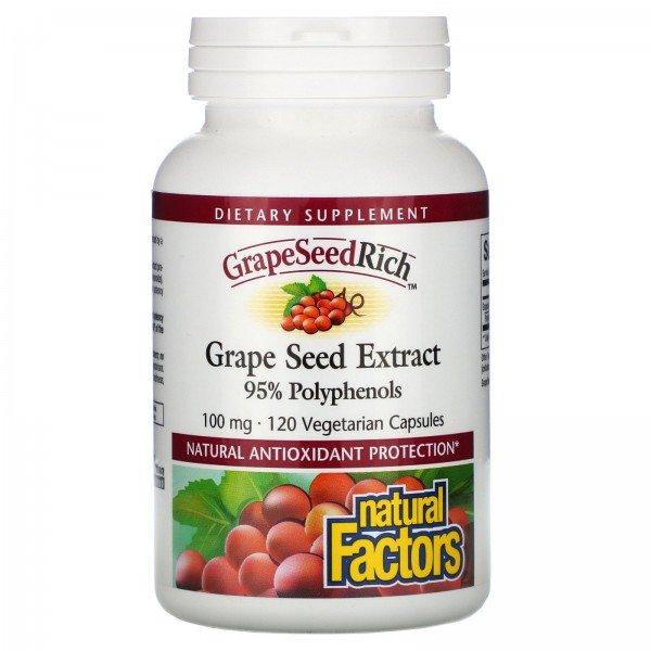 Natural Factors GrapeSeedRich Экстракт виноградных косточек 100 мг 120 вегетарианских капсул