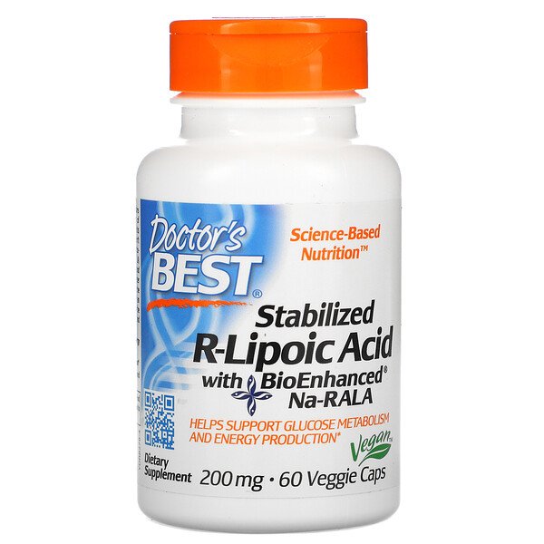 Doctor's Best Стабилизированная R-липоевая кислота с BioEnhanced Na-RALA 200 мг 60 вегетарианских капсул