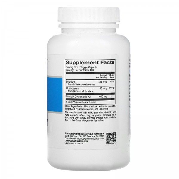 Lake Avenue Nutrition NAC N-ацетилцистеин с селеном и молибденом 600 мг 120 растительных капсул