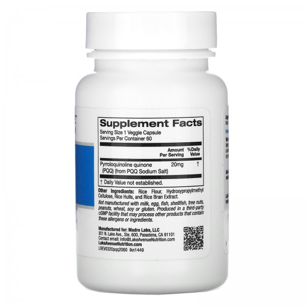 Lake Avenue Nutrition Пирролохинолинхинон 20 мг 60 растительных капсул