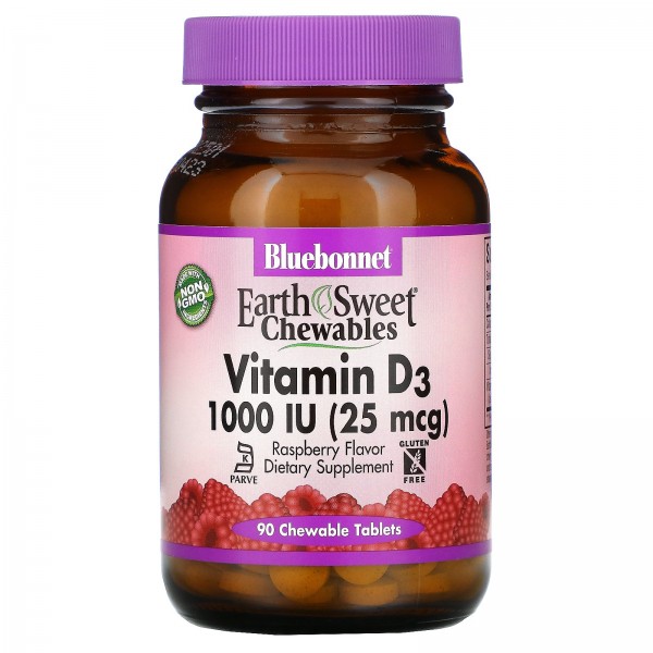 Bluebonnet Nutrition Витамин D3 1000 МЕ Малина 90 жевательных таблеток