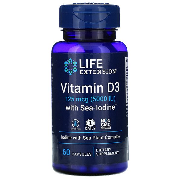 Life Extension Витамин D3 5000 МЕ с Sea-Iodine 60 ...