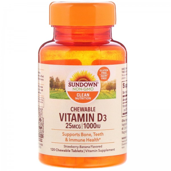 Sundown Naturals Витамин D3 1000 МЕ Клубника-банан 120 жевательных таблеток
